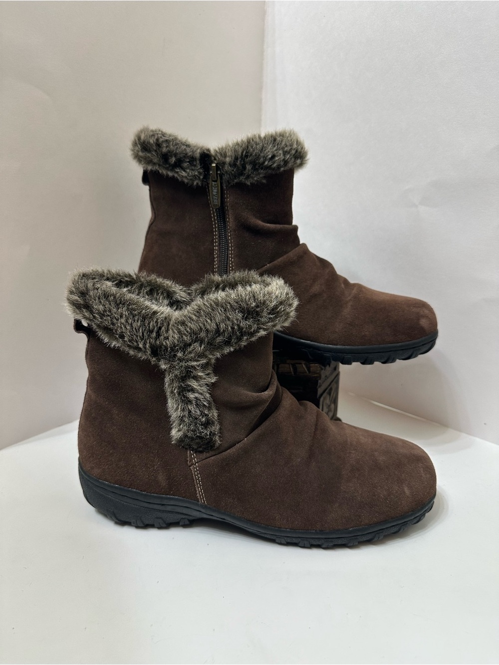 Khombu Womens Lisa Winter Boots Brown Leather Mid Top Faux Fur Side Zipper 9 M